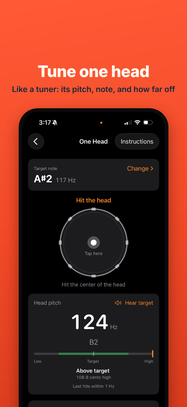 One Head: a hit's pitch and note against the target