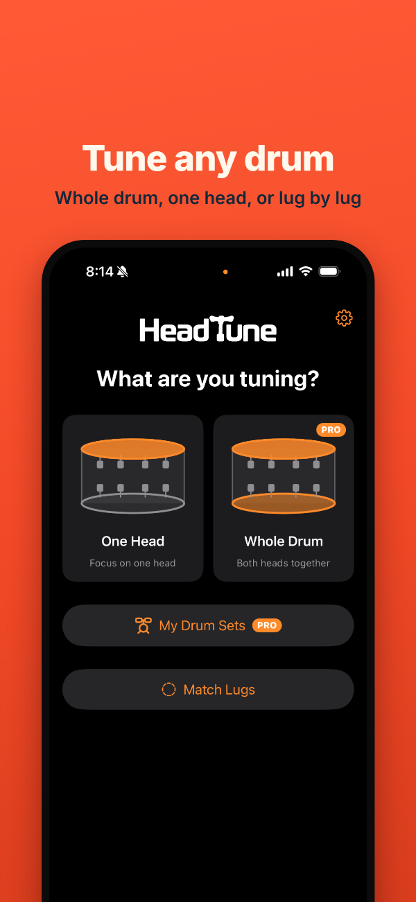 The start screen: One Head, and Whole Drum and My Drum Sets marked PRO