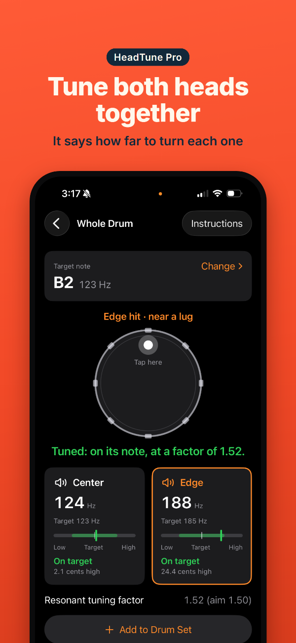Whole Drum: tuned, with the center and edge both on target
